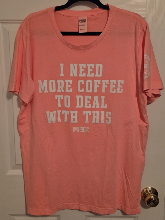 PINK Victoria's Secret Tops - PINK Victoria's Secret Peach Graphic Short-Sleeve Tshirt, Need More Coffee Sz L